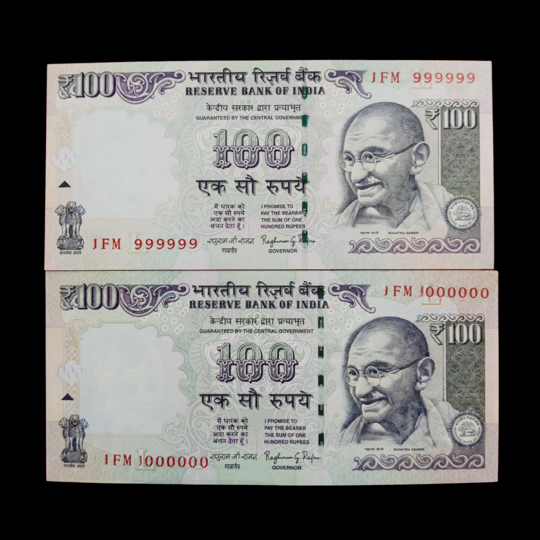 Rs 100 Fancy Notes 999999 & 1000000 Pair 2 Notes 1FM Same Prefix - Collection Bazzar