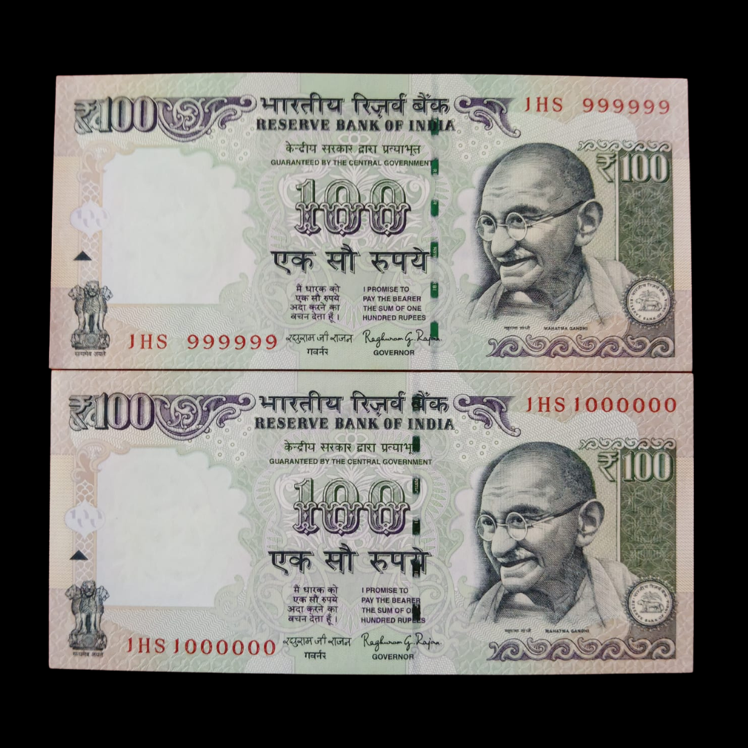 Rs 100 Fancy Notes 999999 & 1000000 Pair 2 Notes 1HS Same Prefix - Collection Bazzar