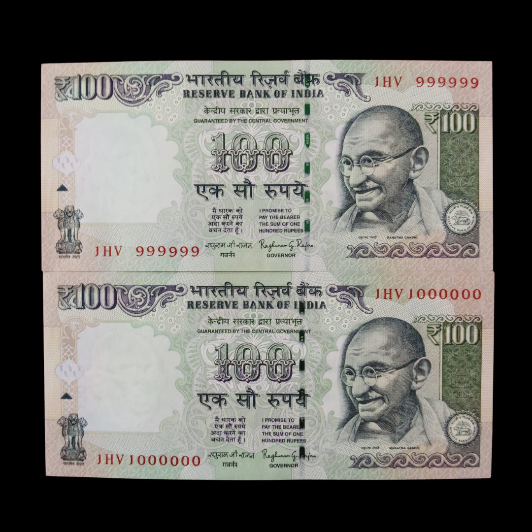 Rs 100 Fancy Notes 999999 & 1000000 Pair 2 Notes 1HV Same Prefix - Collection Bazzar
