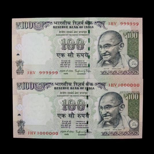 Rs 100 Fancy Notes 999999 & 1000000 Pair 2 Notes 1HV Same Prefix - Collection Bazzar