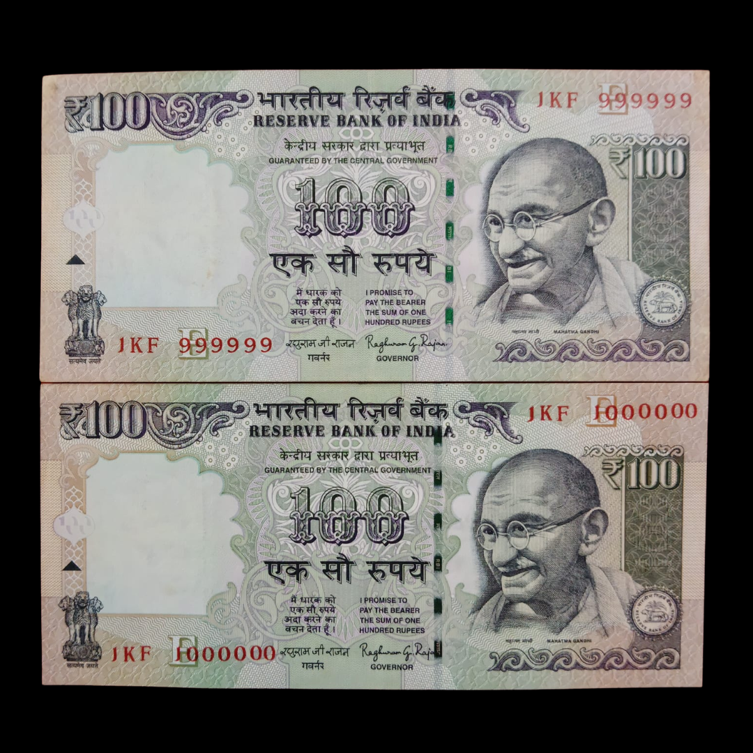 Rs 100 Fancy Notes 999999 & 1000000 Pair 2 Notes 1KF Same Prefix - Collection Bazzar