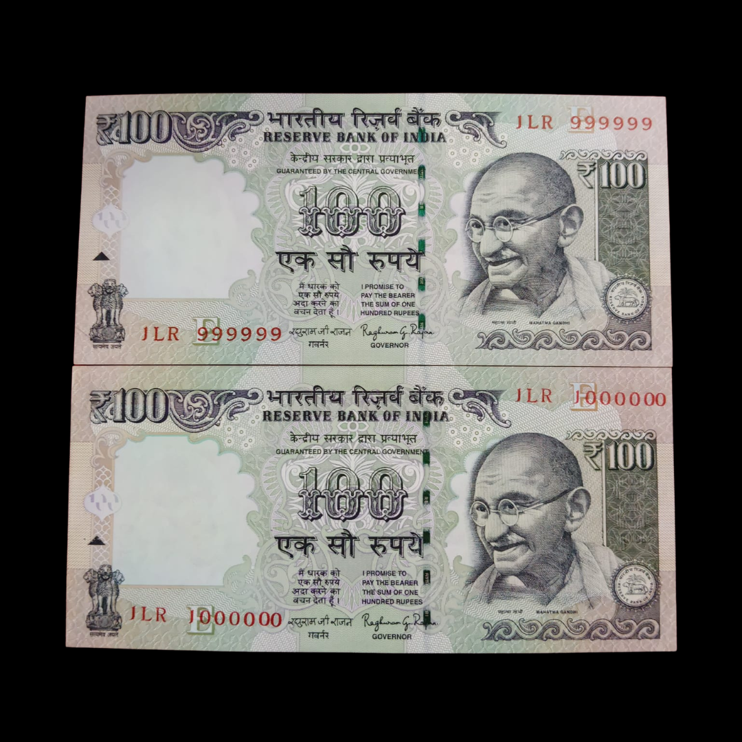Rs 100 Fancy Notes 999999 & 1000000 Pair 2 Notes 1LR Same Prefix - Collection Bazzar