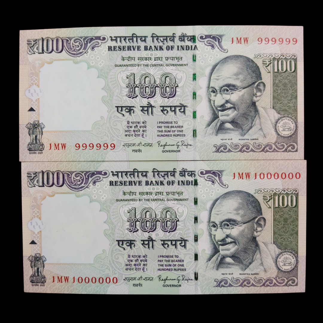 Rs 100 Fancy Notes 999999 & 1000000 Pair 2 Notes 1MW Same Prefix - Collection Bazzar