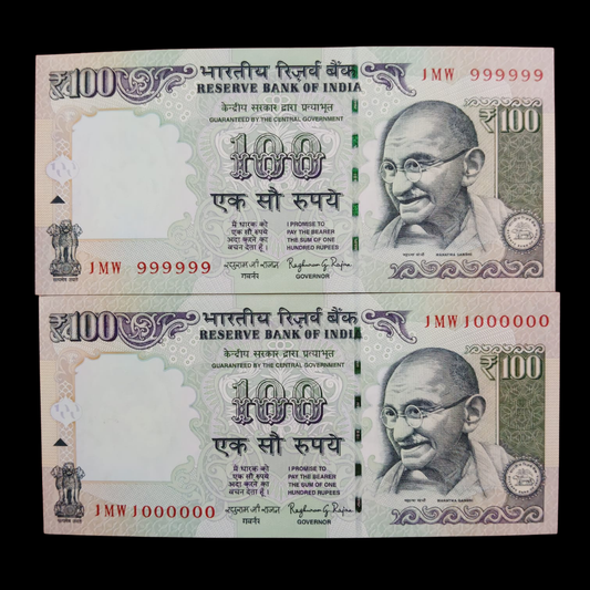 Rs 100 Fancy Notes 999999 & 1000000 Pair 2 Notes 1MW Same Prefix - Collection Bazzar