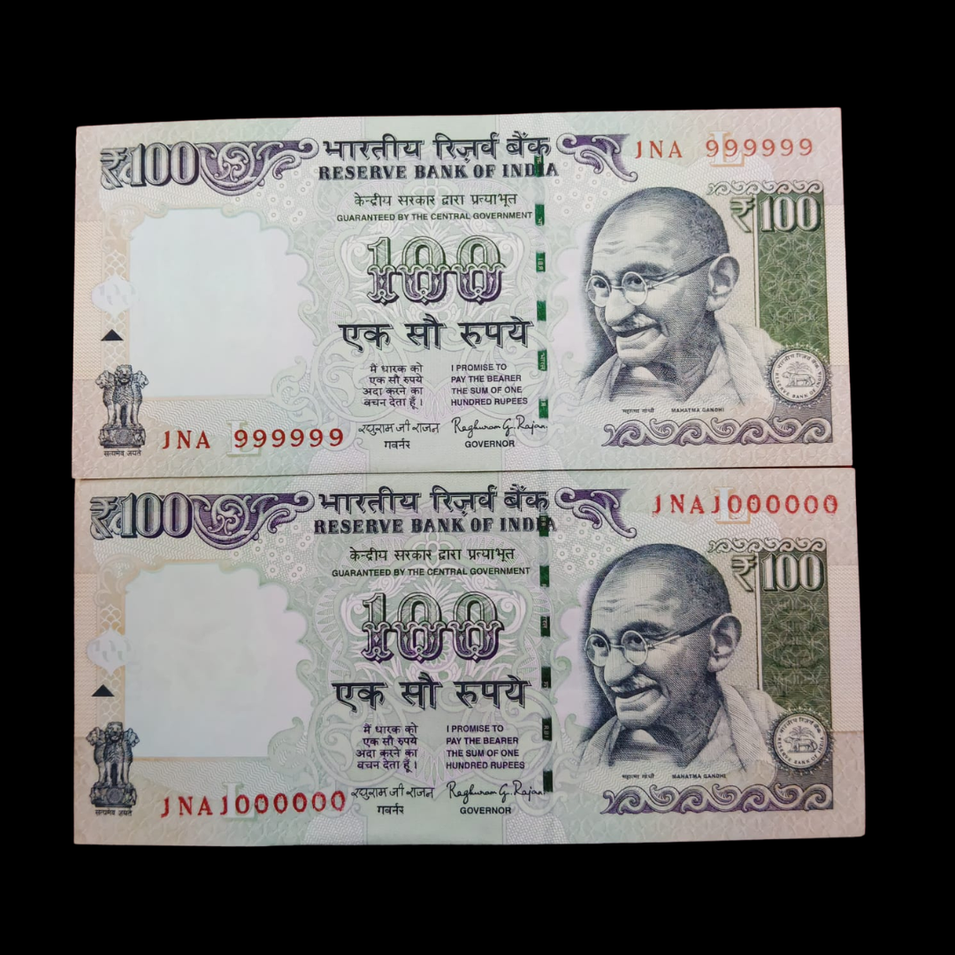 Rs 100 Fancy Notes 999999 & 1000000 Pair 2 Notes 1NA Same Prefix - Collection Bazzar