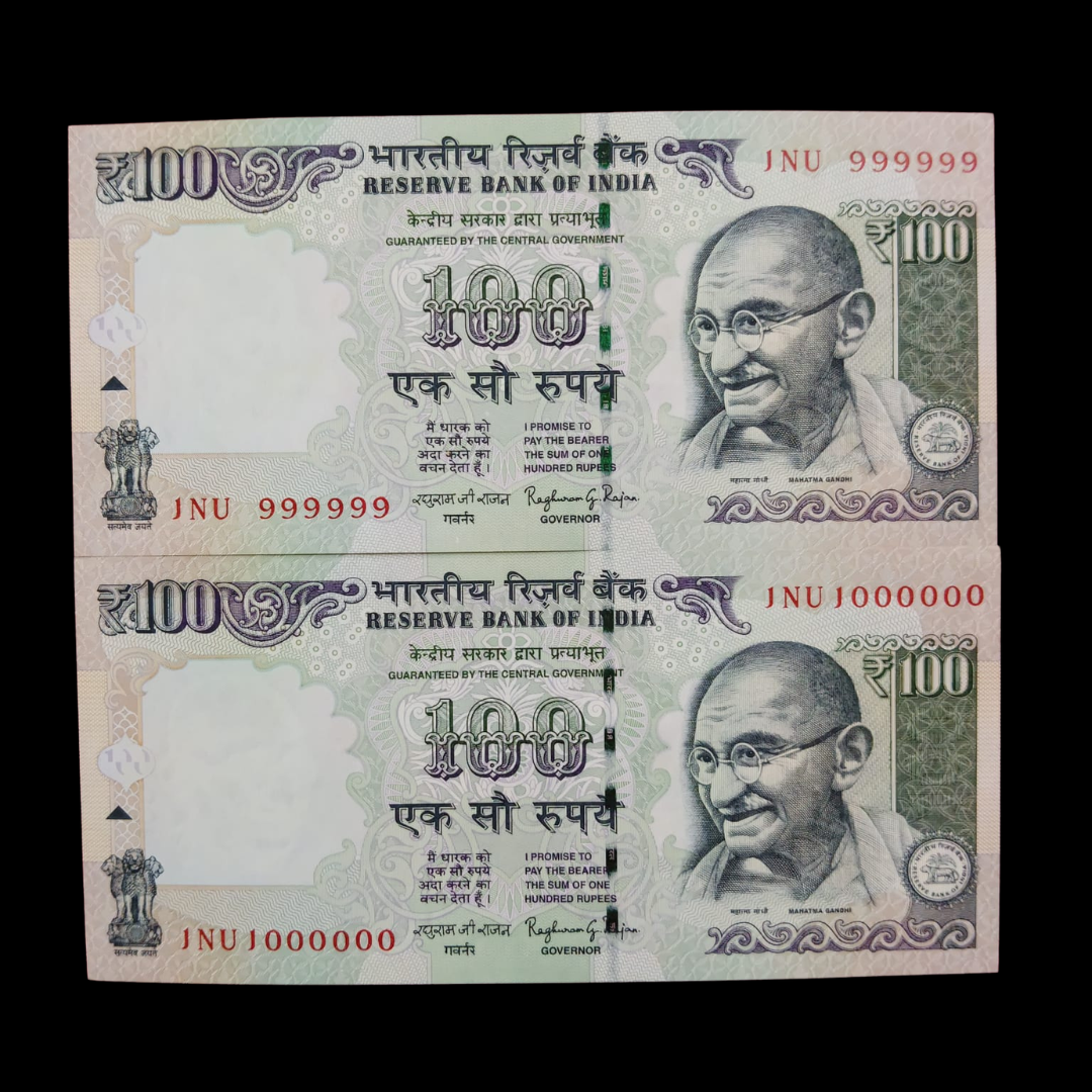 Rs 100 Fancy Notes 999999 & 1000000 Pair 2 Notes 1NU Same Prefix - Collection Bazzar