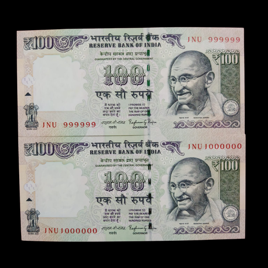Rs 100 Fancy Notes 999999 & 1000000 Pair 2 Notes 1NU Same Prefix - Collection Bazzar