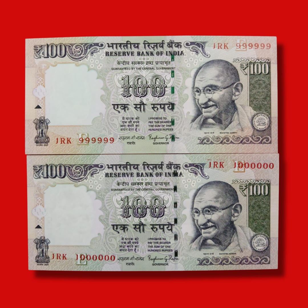 Rs 100 Fancy Notes 999999 & 1000000 Pair 2 Notes 1RK Same Prefix - Collection Bazzar