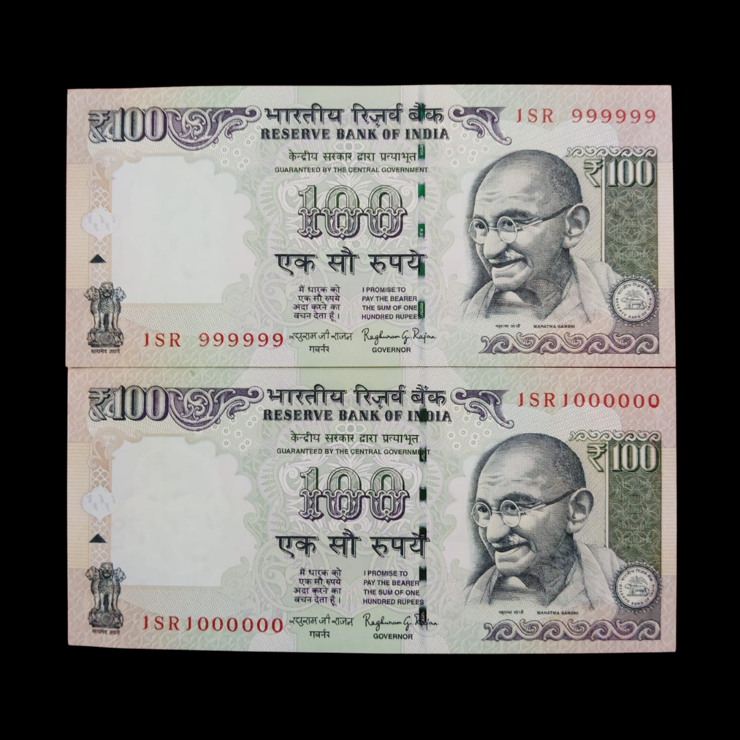 Rs 100 Fancy Notes 999999 & 1000000 Pair 2 Notes 1SR Same Prefix - Collection Bazzar