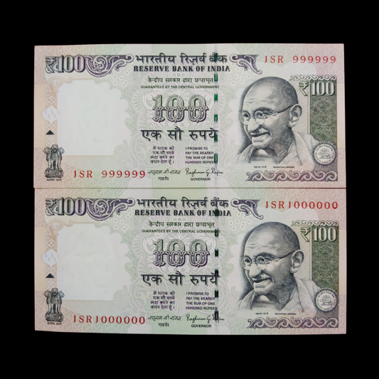 Rs 100 Fancy Notes 999999 & 1000000 Pair 2 Notes 1SR Same Prefix - Collection Bazzar