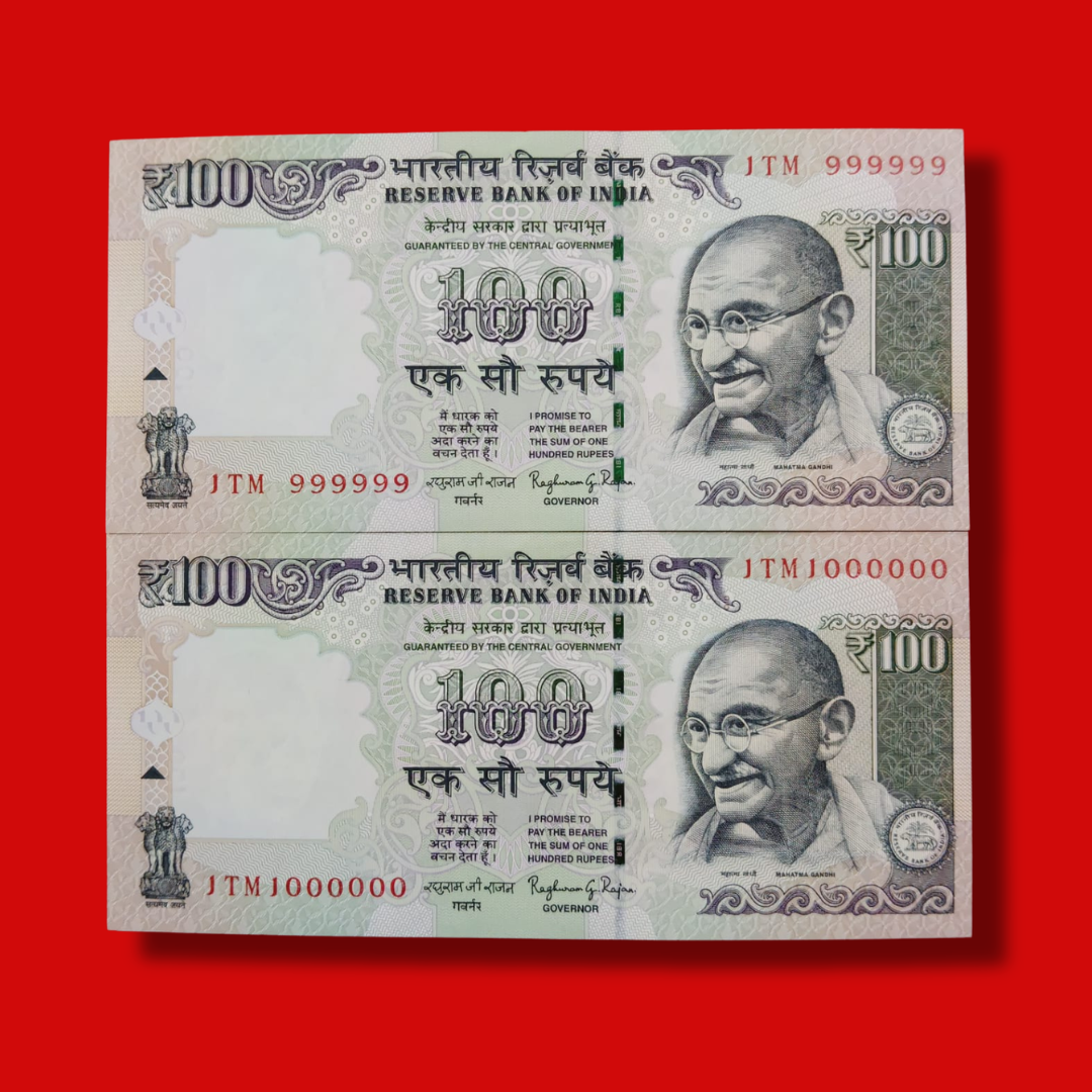 Rs 100 Fancy Notes 999999 & 1000000 Pair 2 Notes 1TM Same Prefix - Collection Bazzar