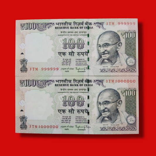 Rs 100 Fancy Notes 999999 & 1000000 Pair 2 Notes 1TM Same Prefix - Collection Bazzar