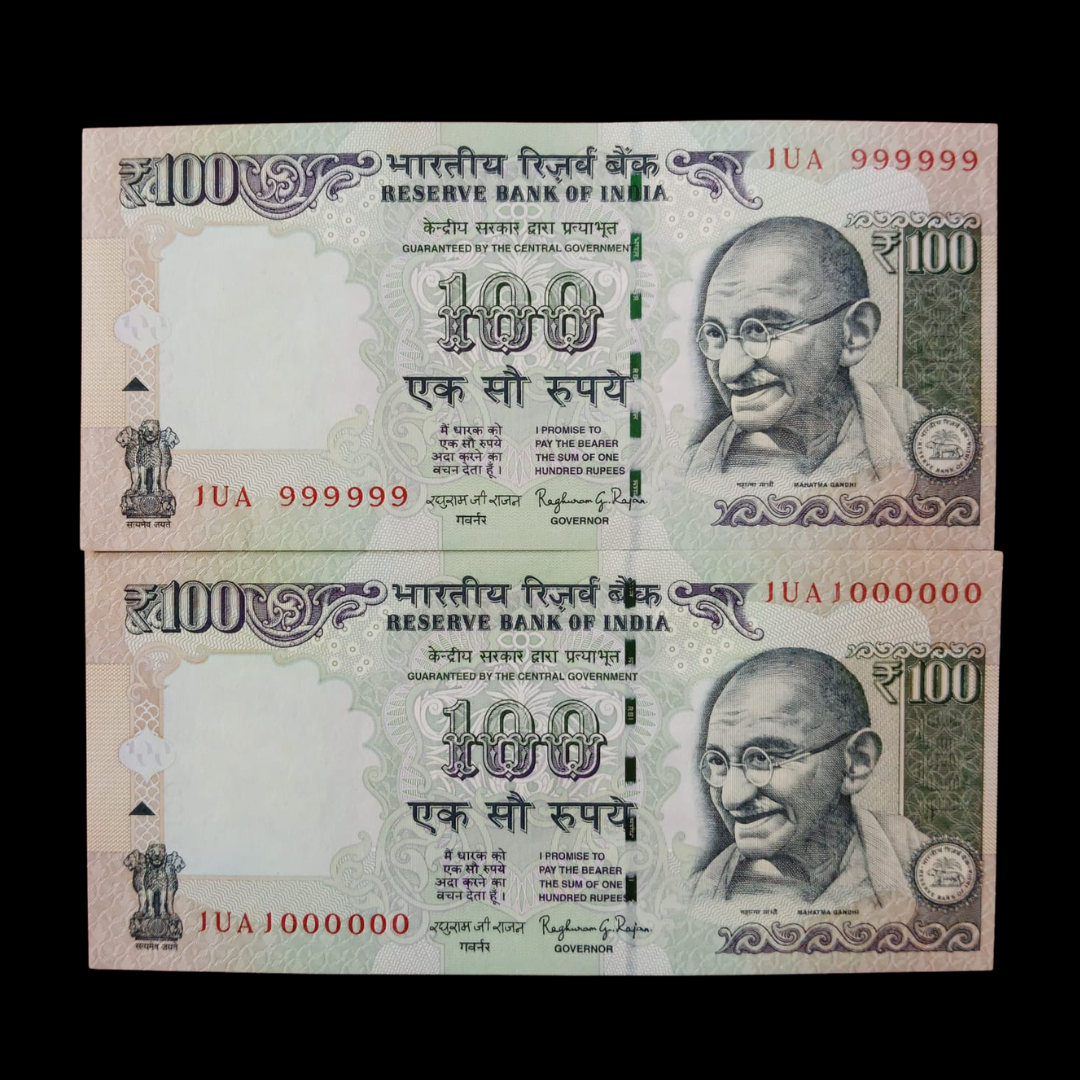 Rs 100 Fancy Notes 999999 & 1000000 Pair 2 Notes 1UA Same Prefix - Collection Bazzar