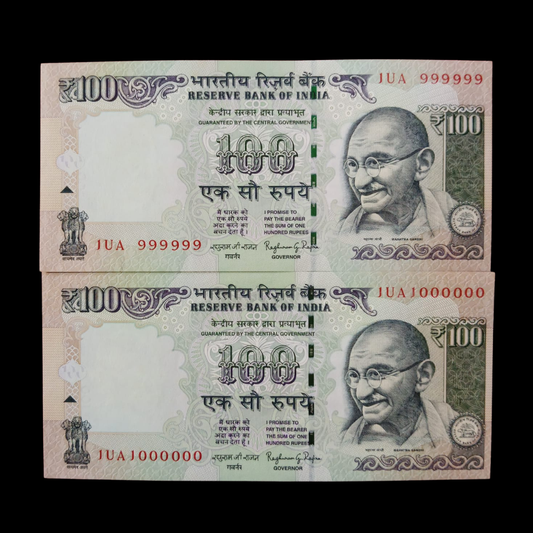 Rs 100 Fancy Notes 999999 & 1000000 Pair 2 Notes 1UA Same Prefix - Collection Bazzar