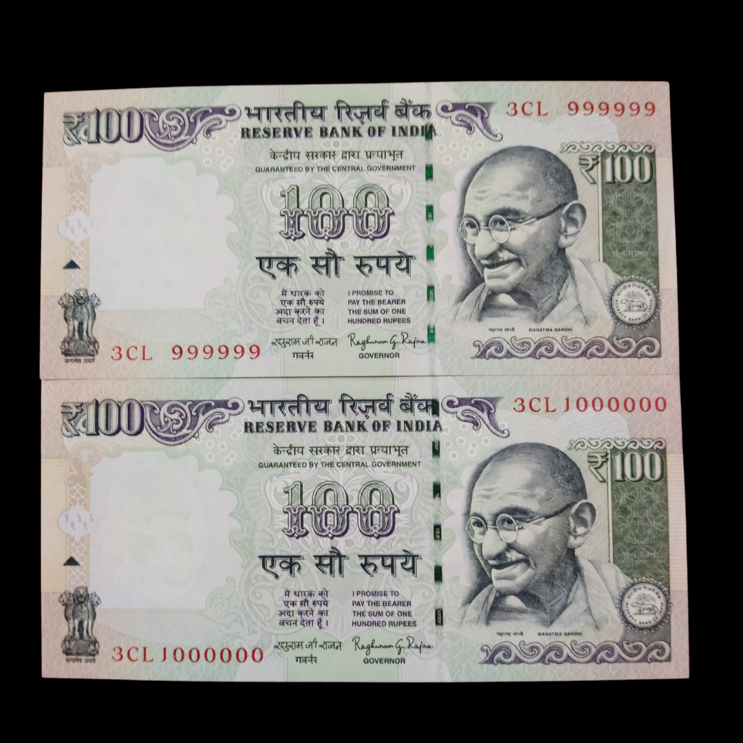 Rs 100 Fancy Notes 999999 & 1000000 Pair 2 Notes 3CL Same Prefix - Collection Bazzar