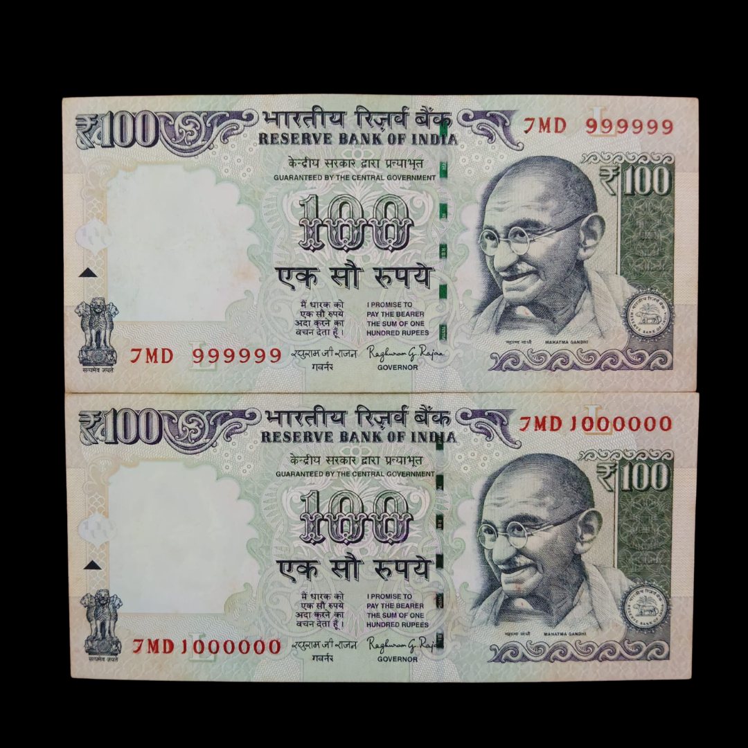 Rs 100 Fancy Notes 999999 & 1000000 Pair 2 Notes 7MD Same Prefix - Collection Bazzar