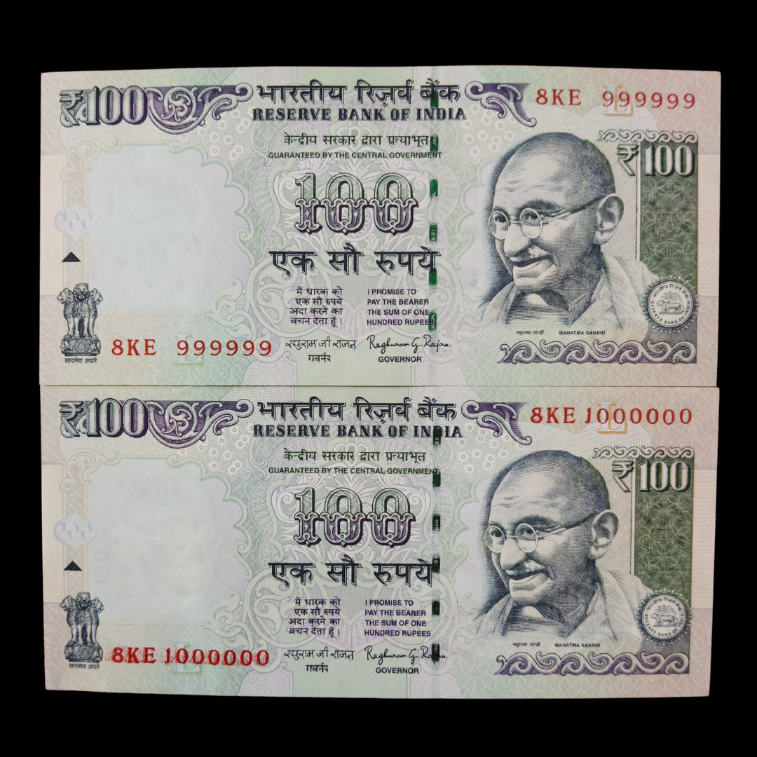 Rs 100 Fancy Notes 999999 & 1000000 Pair 2 Notes 8KE Same Prefix - Collection Bazzar
