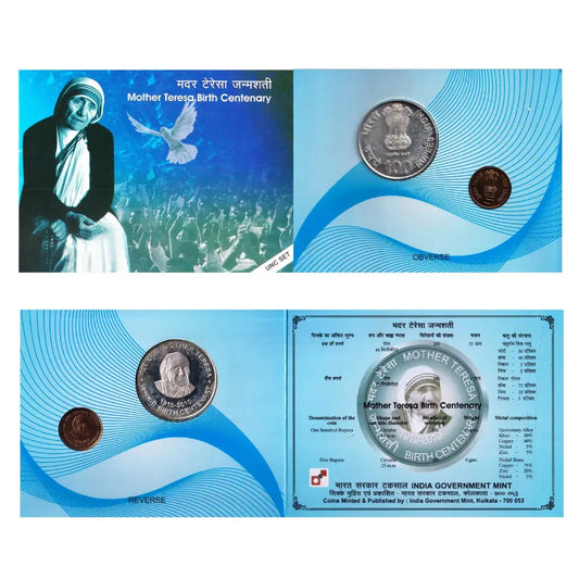 Mother Teresa Birth Centenary 2010 UNC Coin Set – ₹100 Silver + ₹5 Copper-Nickel | India Government Mint Kolkata - Collection Bazzar
