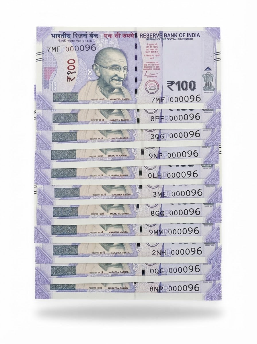 Rs 100 Note 000096 Lower Number 10 Pcs Note 96 69 Ulta Seedha Number - Collection Bazzar