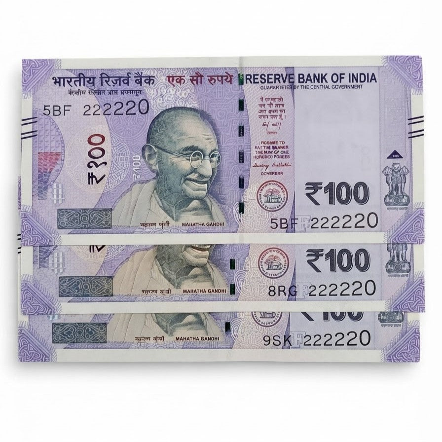 Rs 100 Note 222220 Solid Number All 2 Type 22222X Lot 3 Pcs Set - Collection Bazzar