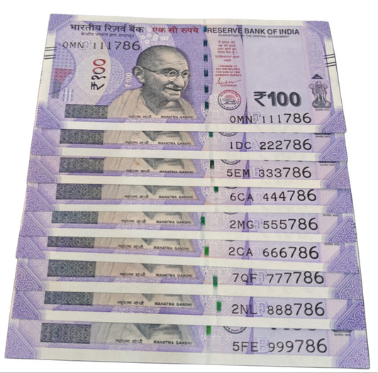 Rs 100 Note India 111786 to 999786 9 note se5 gem unc condition - Collection Bazzar