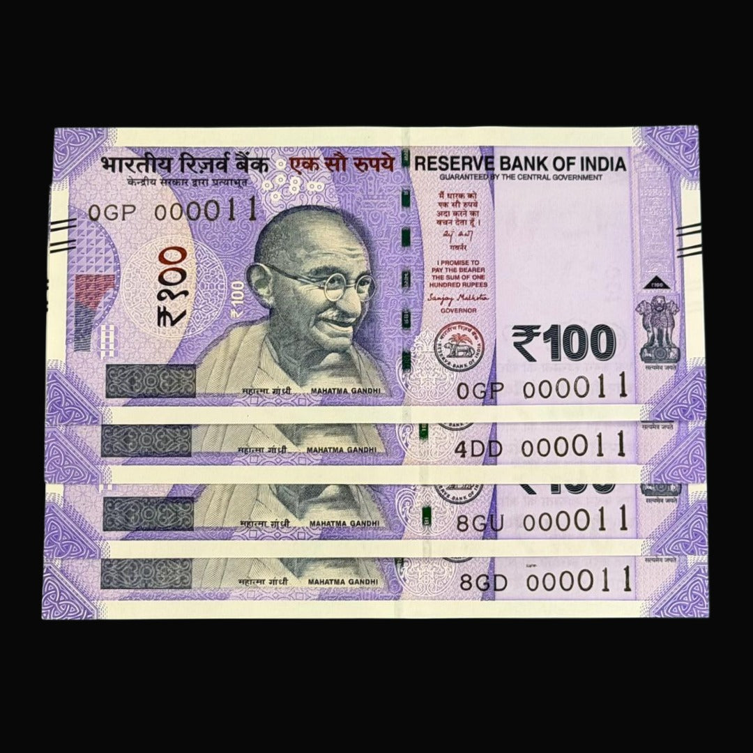 Rs 100 Note Serial 000011 Fancy Lower number 4 Note Set - Collection Bazzar