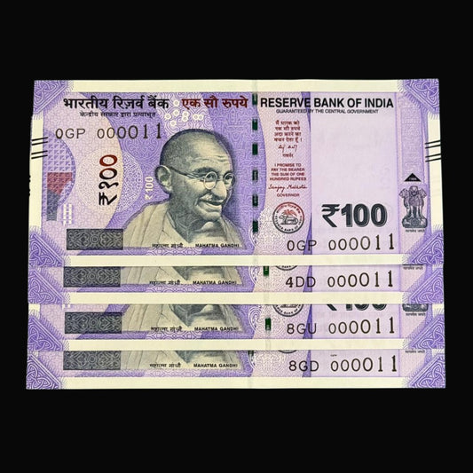 Rs 100 Note Serial 000011 Fancy Lower number 4 Note Set - Collection Bazzar