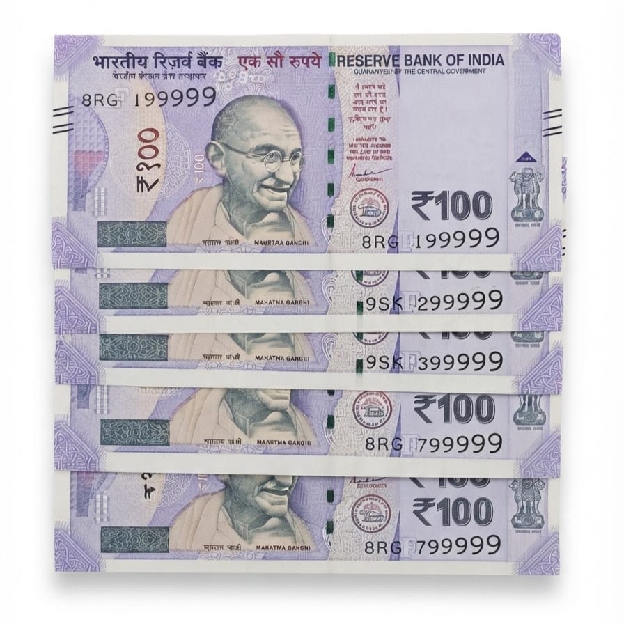 Rs 100 Note Solid Number Type X99999 5 note lot Price - Collection Bazzar
