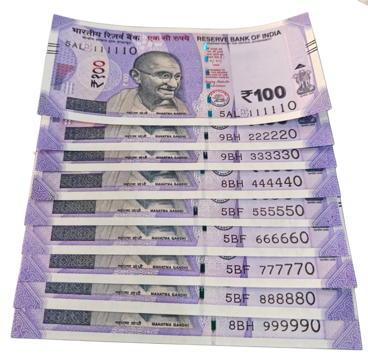Rs 100 Note set 9 pis 111110 to999990  gem unc condition - Collection Bazzar