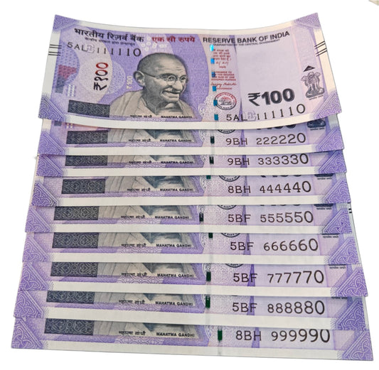 Rs 100 Note set 9 pis 111110 to999990  gem unc condition - Collection Bazzar