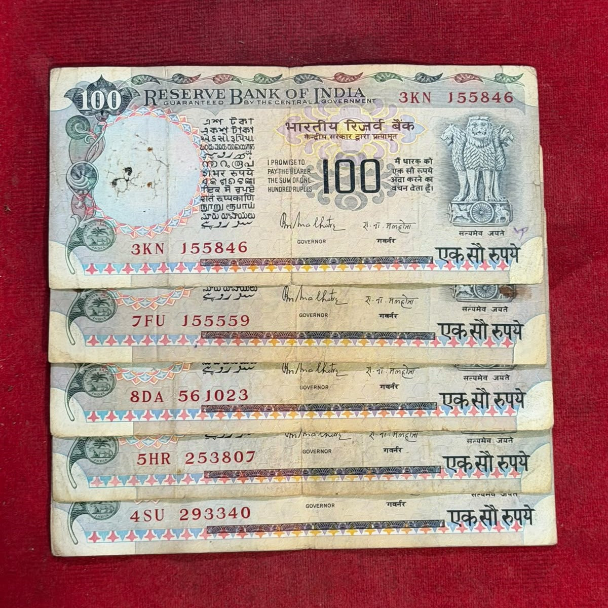 Rs 100 Old Grey Cobalt Agriculture Note Set of 5 Notes Gov. RN Malhotra - Collection Bazzar