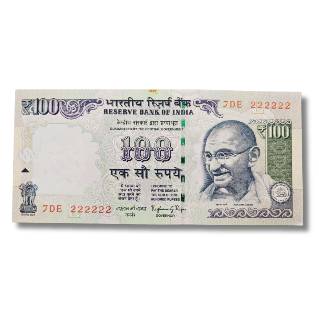 Rs. 100 Note Super Fancy Number Old Issue Note 7DE Prefix 222222 Governor Name RaghuRam Rajan - Collection Bazzar