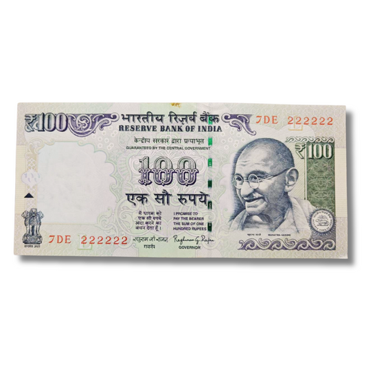 Rs. 100 Note Super Fancy Number Old Issue Note 7DE Prefix 222222 Governor Name RaghuRam Rajan - Collection Bazzar