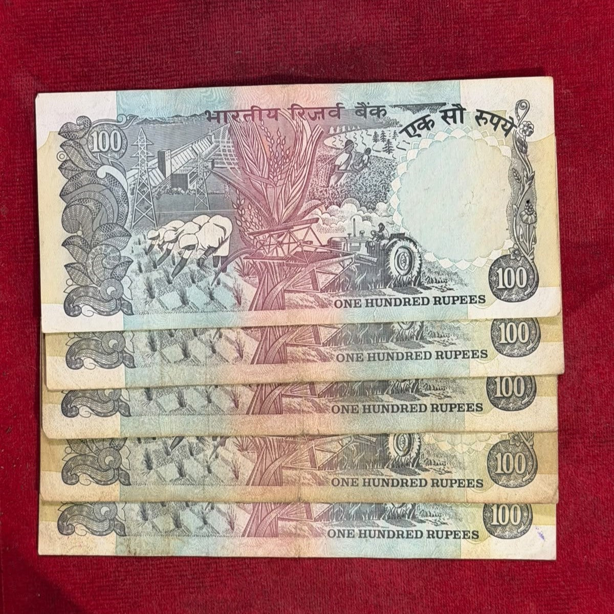 Rs 100 Old Pink Beauty Agriculture Note Set of 5 Notes Gov. C Rangrajan - Collection Bazzar