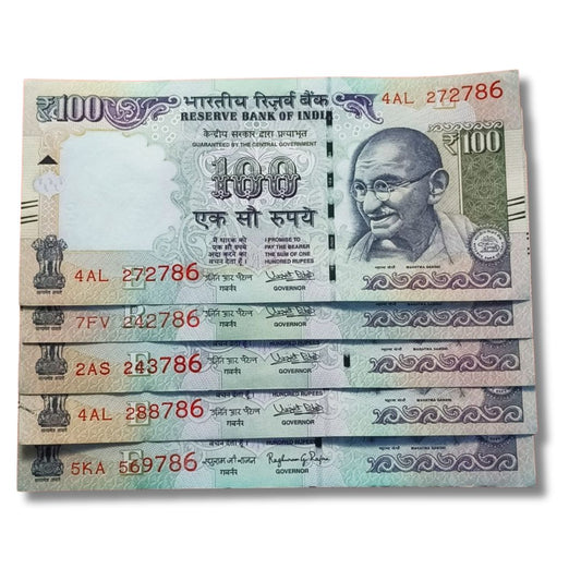 ₹100 Old Issue Notes (Set Of 5) – Telescopic Ending 786 | Holy Bismillah Numbers | Excellent Condition | Urjit Patel - Collection Bazzar