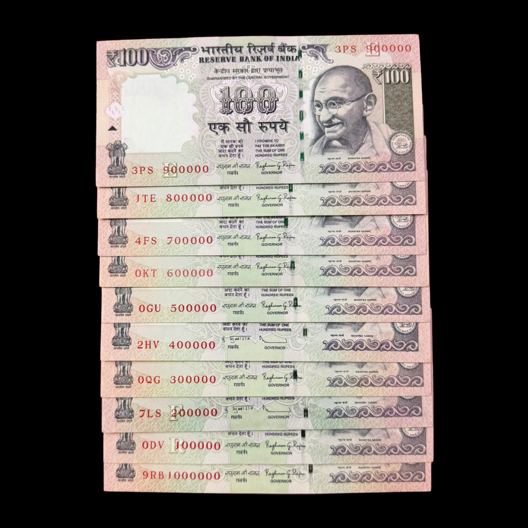 Rs 100 Old Set of 10 Notes Lakha Numbers & 7 Digit Included Rare - Collection Bazzar