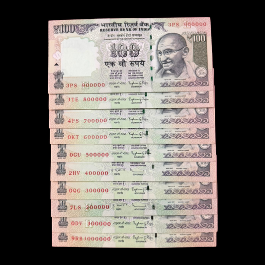 Rs 100 Old Set of 10 Notes Lakha Numbers & 7 Digit Included Rare - Collection Bazzar