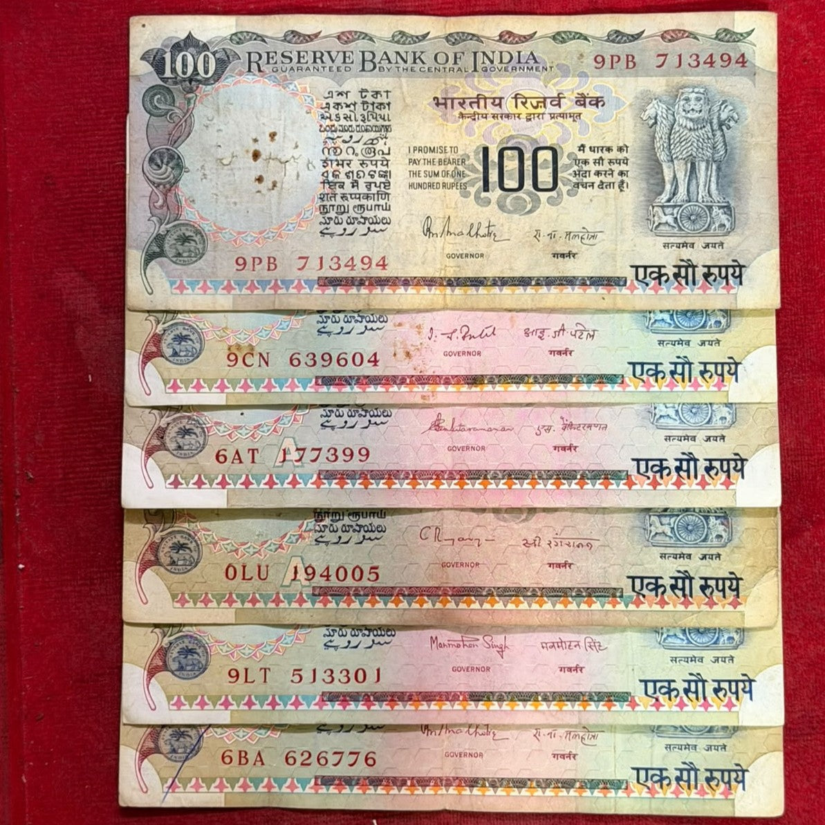 Rs 100 Old Set of 6 Notes All Governors Note Set Extremely Rare - Collection Bazzar