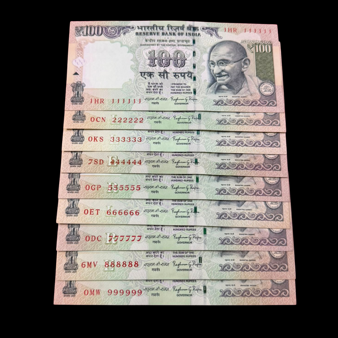 Rs 100 Old Set of 9 Notes All Solid Numbers 111111 - 999999 - Collection Bazzar