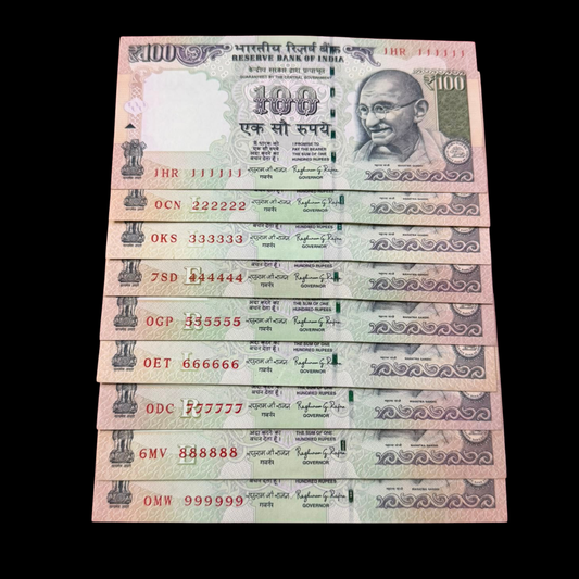 Rs 100 Old Set of 9 Notes All Solid Numbers 111111 - 999999 - Collection Bazzar