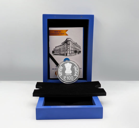 Rs 100 Silver Coin SBI Mumbai Main Branch Building Proof Wooden Packing - Collection Bazzar