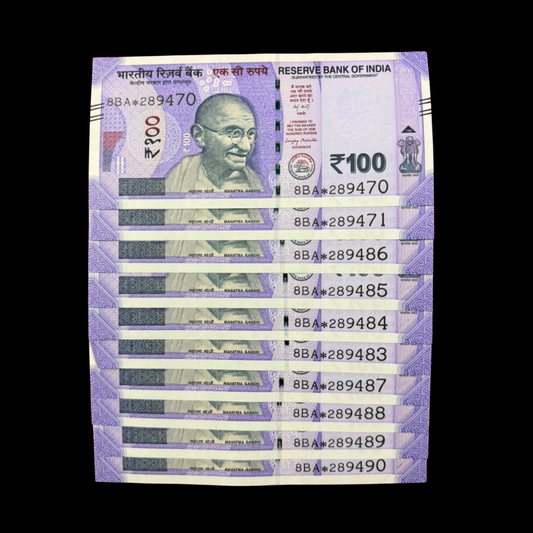 Rs 100 Star Note Set of 10 289471-289490 Sanjay Malhotra Rare 2025 - Collection Bazzar