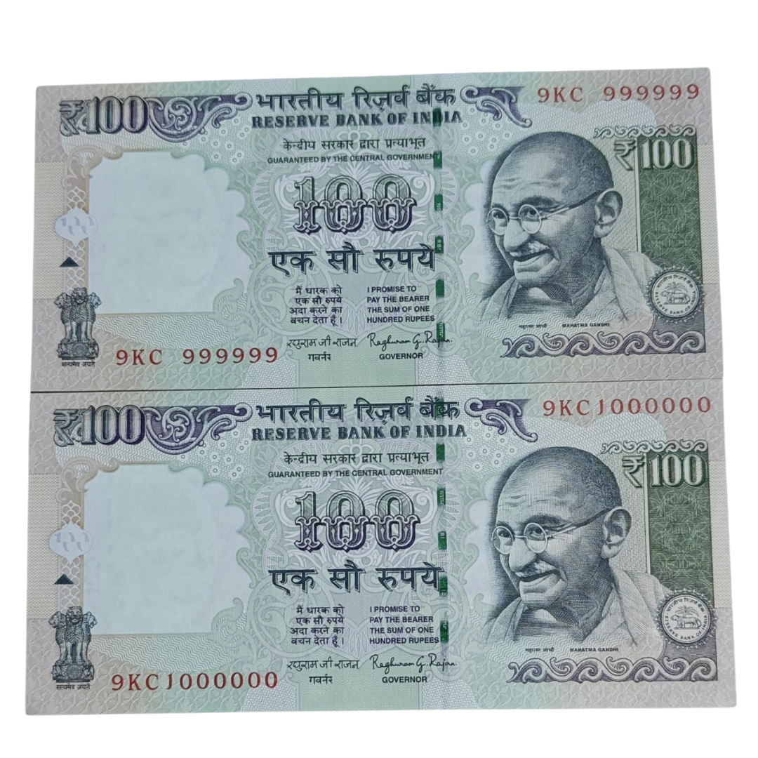 Rs. 100 Note Super Fancy 999999-1000000 1million 7 Digit Number Note Governor Name Raghu Ram Rajan - Collection Bazzar