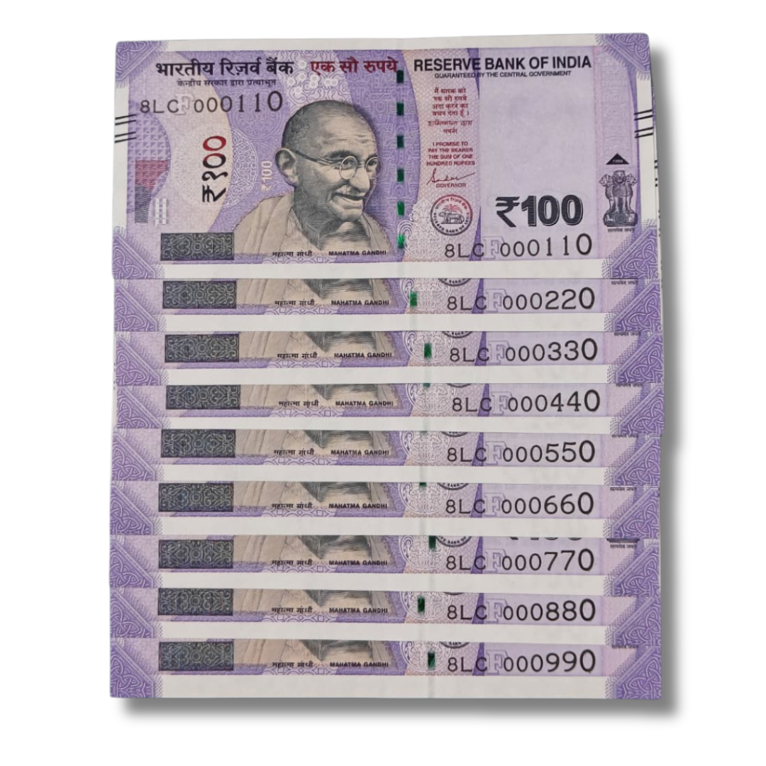 Rs. 100 Note Super Fancy Lower Number 000110-000990 9 Note Set - Collection Bazzar