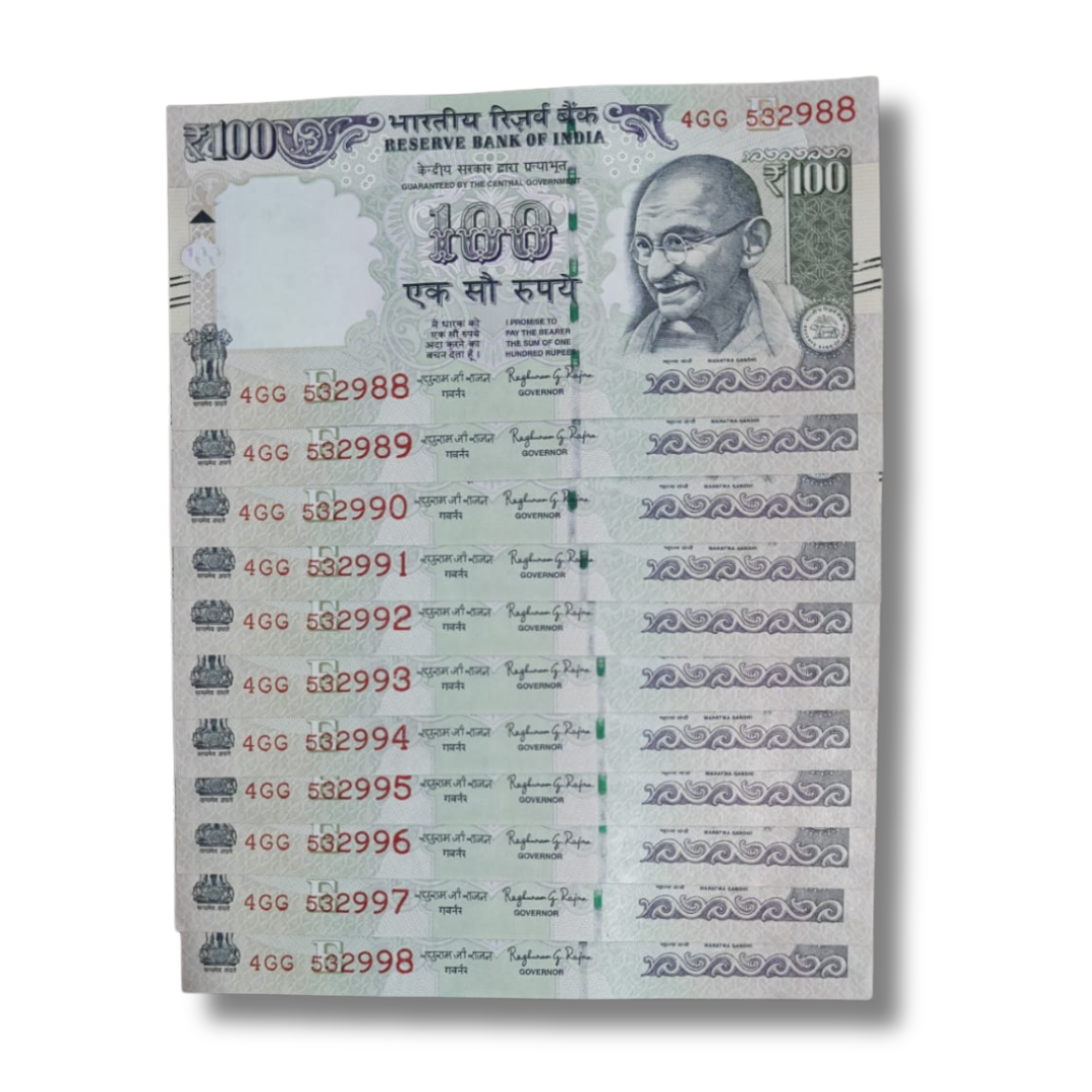 Rs. 100 Note Super Fancy Number old 4GG Prefix 532988-532998 11 Note Set Governor Name Raghu Ram Rajan - Collection Bazzar