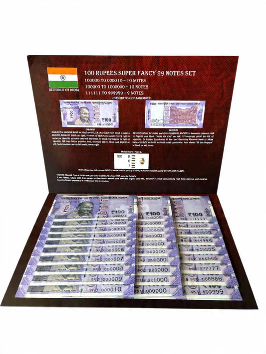 Rs 100 Ultimate Rare UNC 29 Notes Super Fancy Number Set Complete Collection - Collection Bazzar