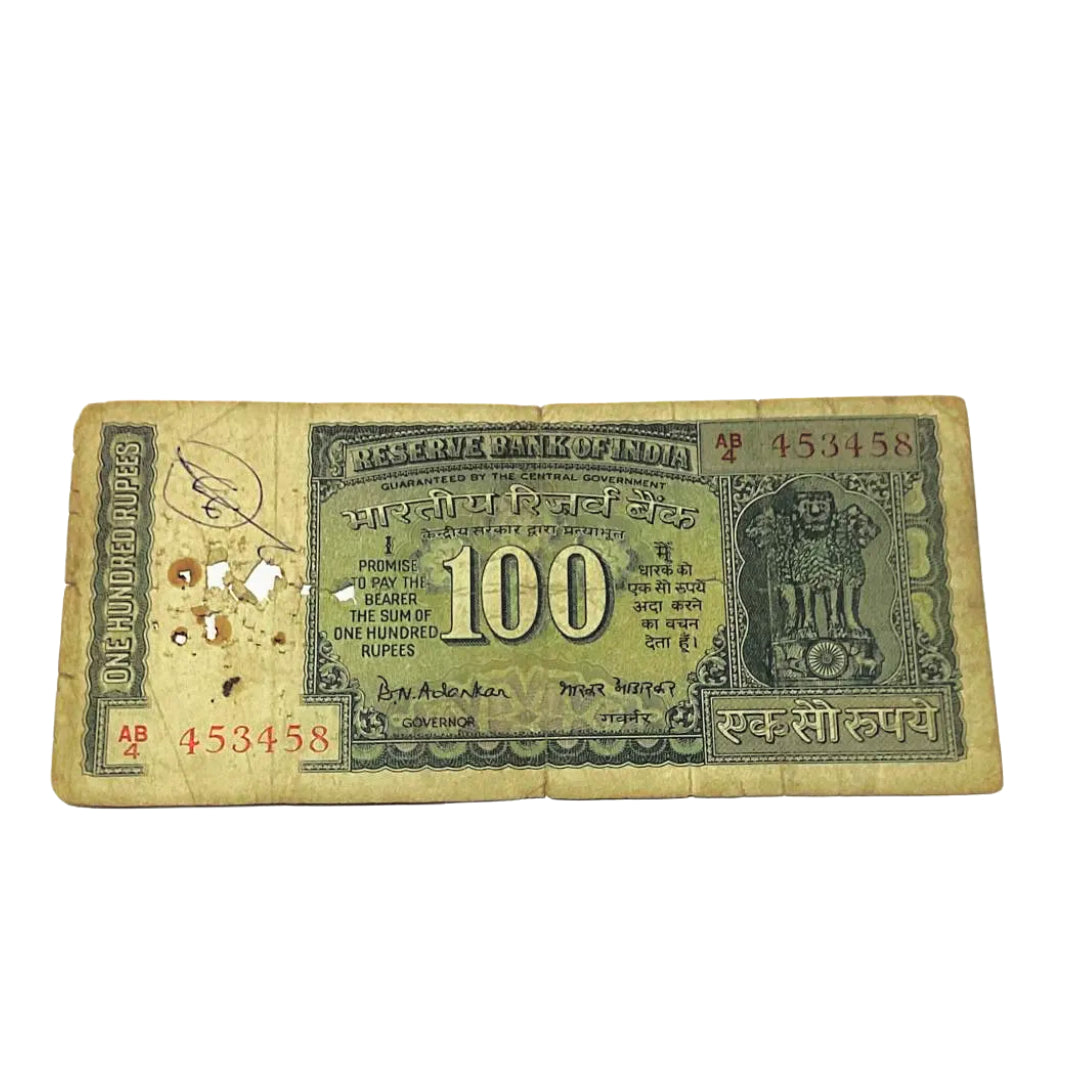 Rs 100 fafda note 453458 governor b n adrakar rare collectible - Collection Bazzar