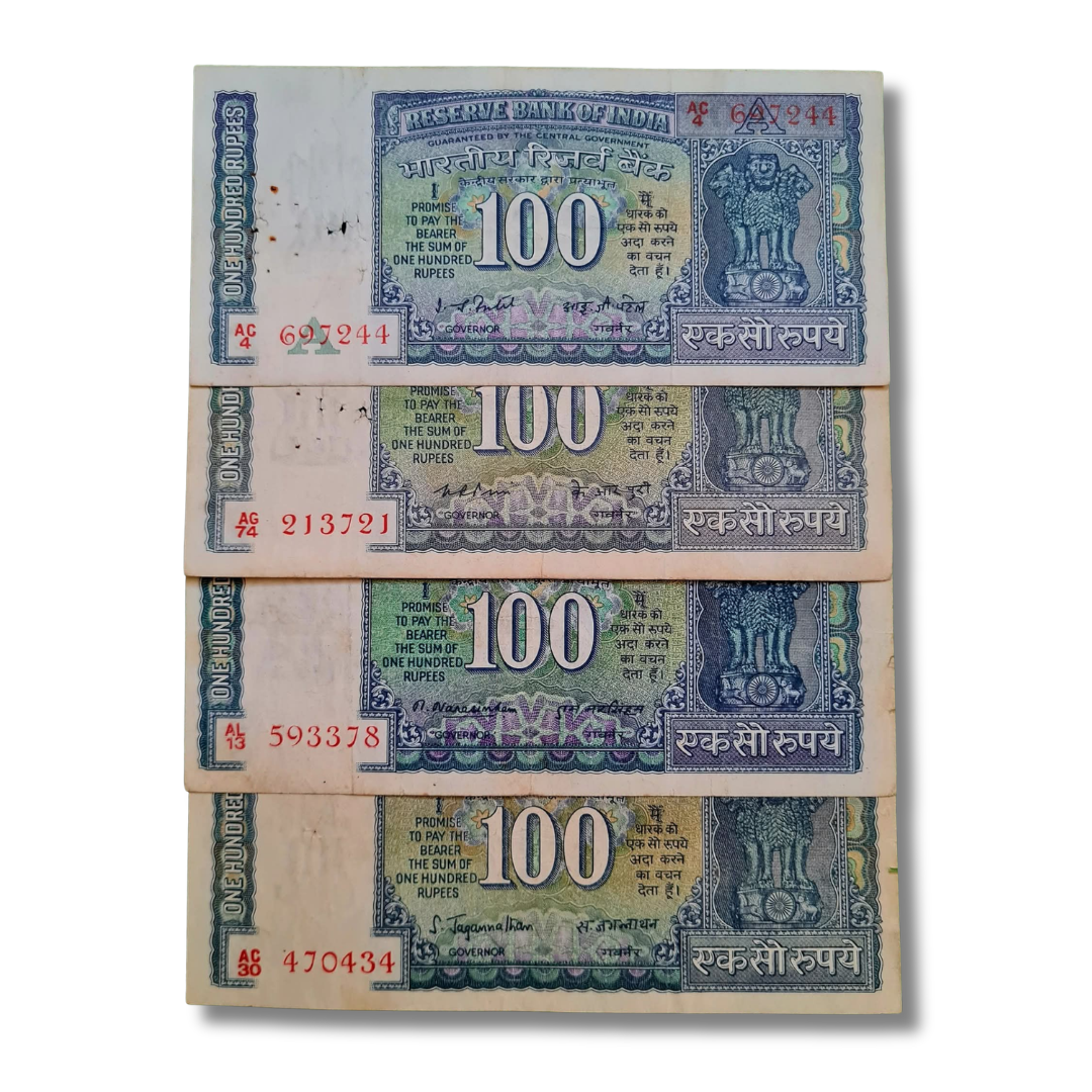 Rs 100 White strip Issue Set of All 4 Governor Different Number Given - Collection Bazzar