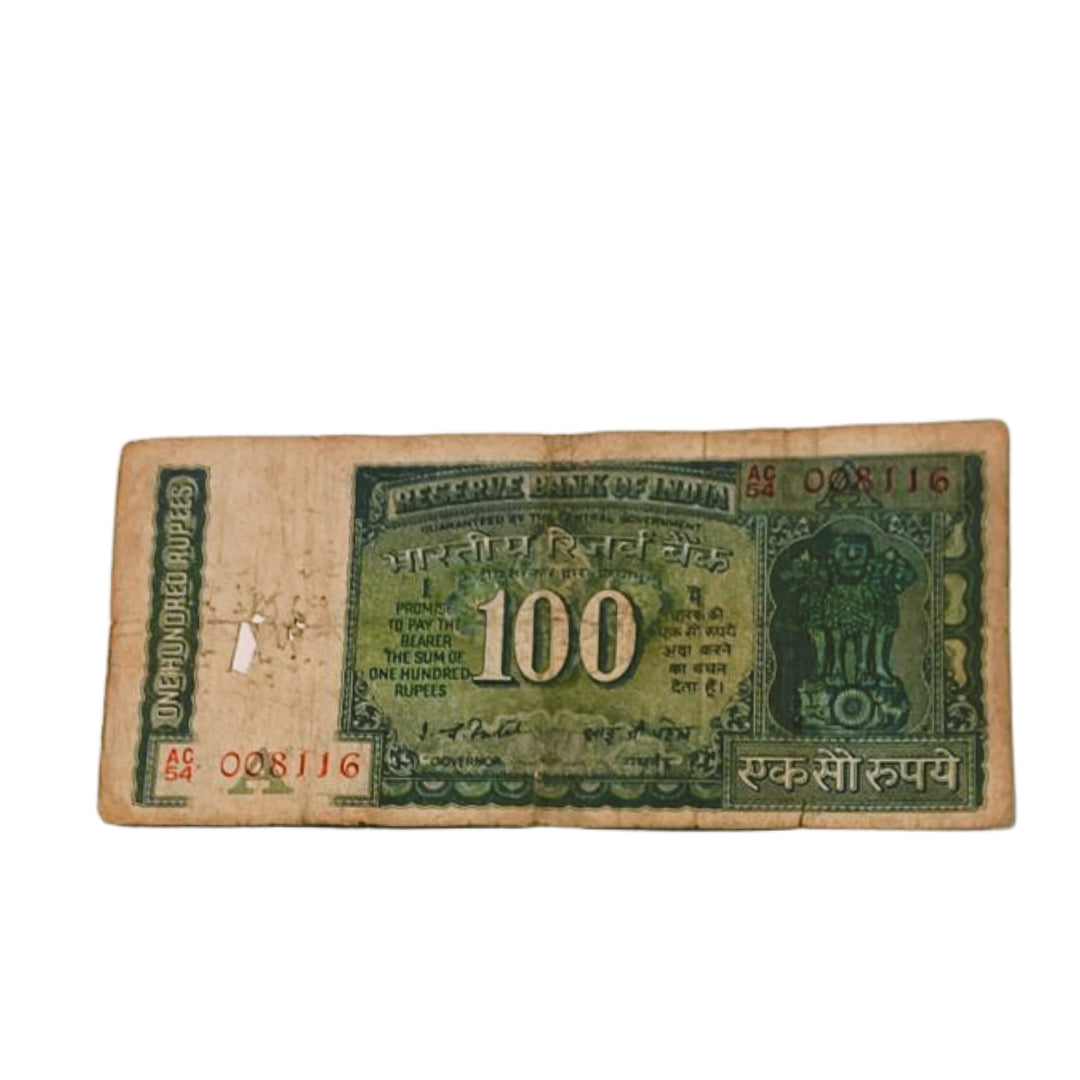 Rs 100  big note 008116 back side dam  governor I G patel Rare collectible - Collection Bazzar