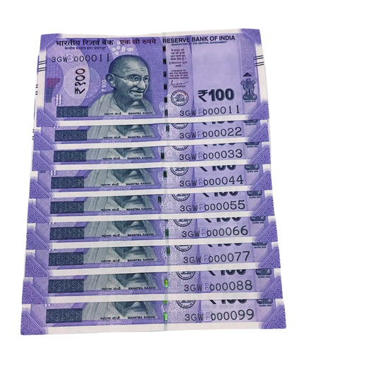 Rs 100 lower number set 000011-000099 governor shaktikant das rare collectible - Collection Bazzar